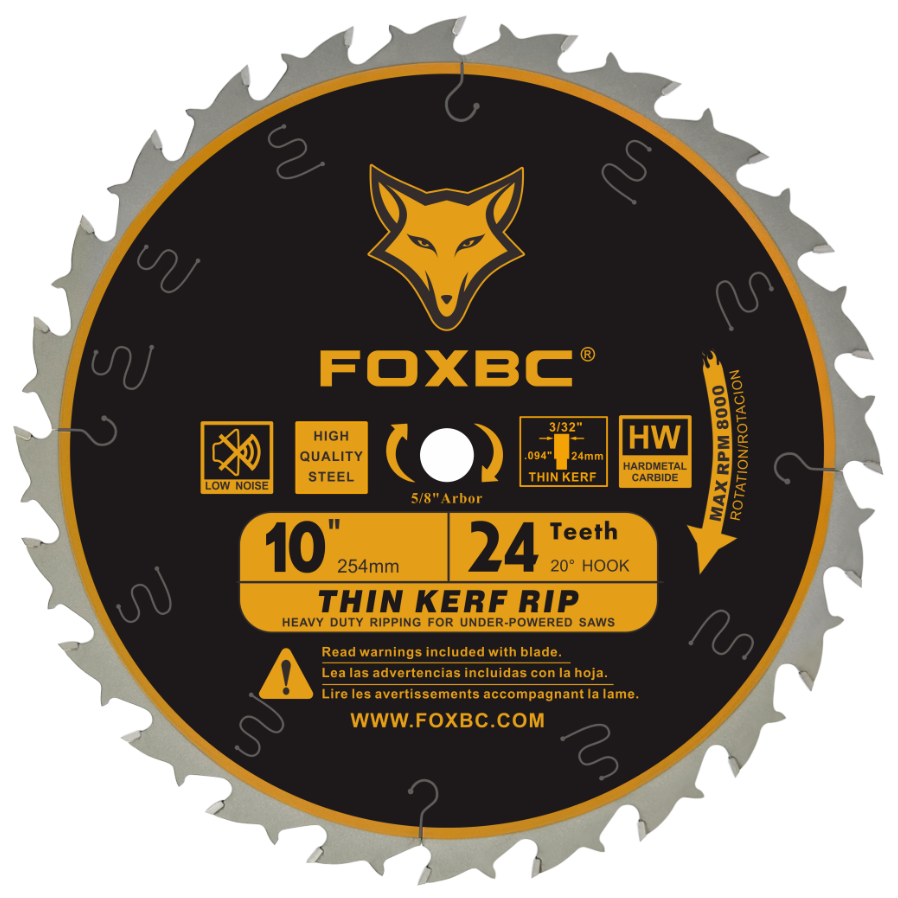 FOXBC 10-Inch Table Saw Blade, Thin Kerf Ripping Saw Blade for Wood Cutting, 24-Teeth, 5/8-Inch Arbor