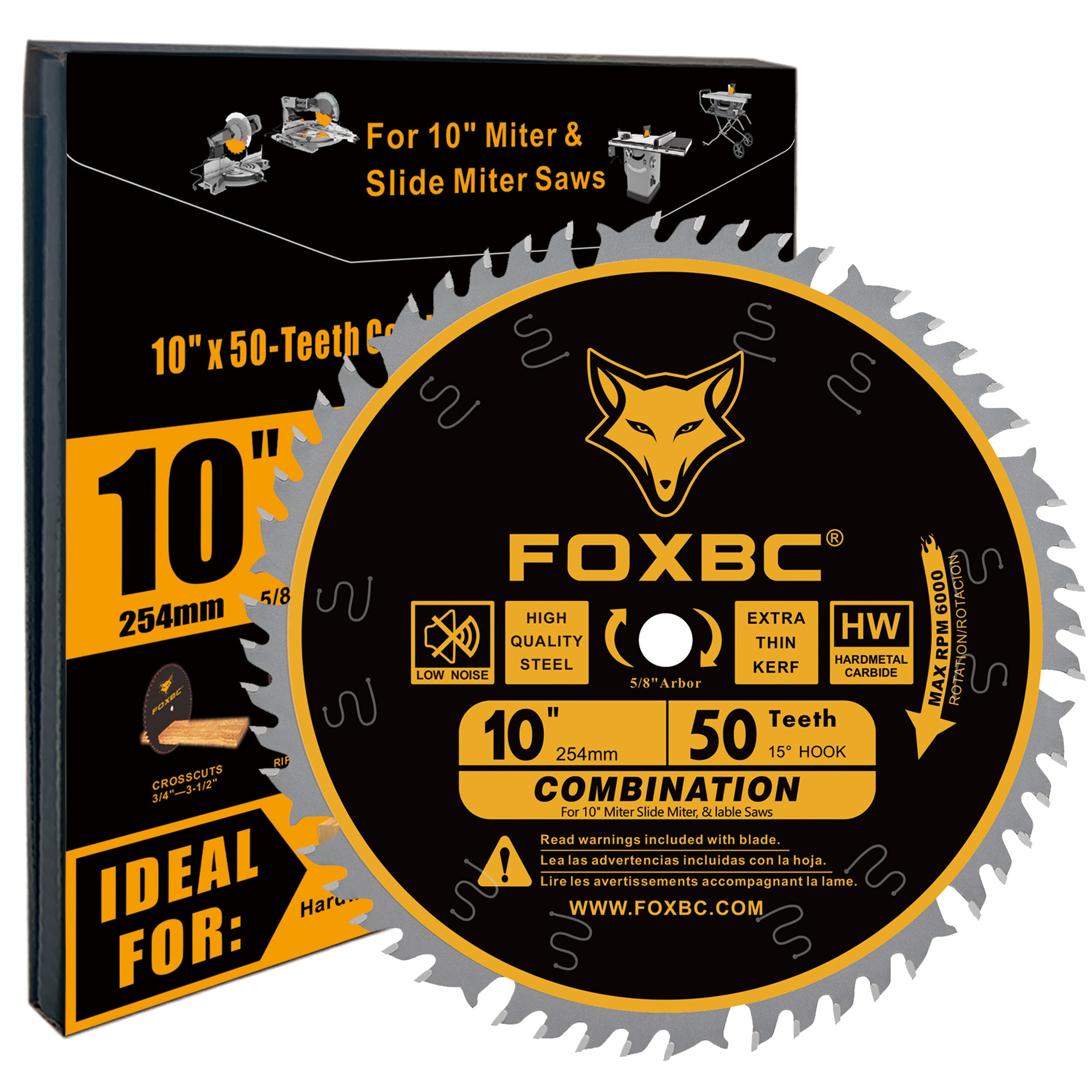 FOXBC 10-Inch Combination Saw Blade, 50-Tooth, Wood Cutting, 5/8-Inch Arbor