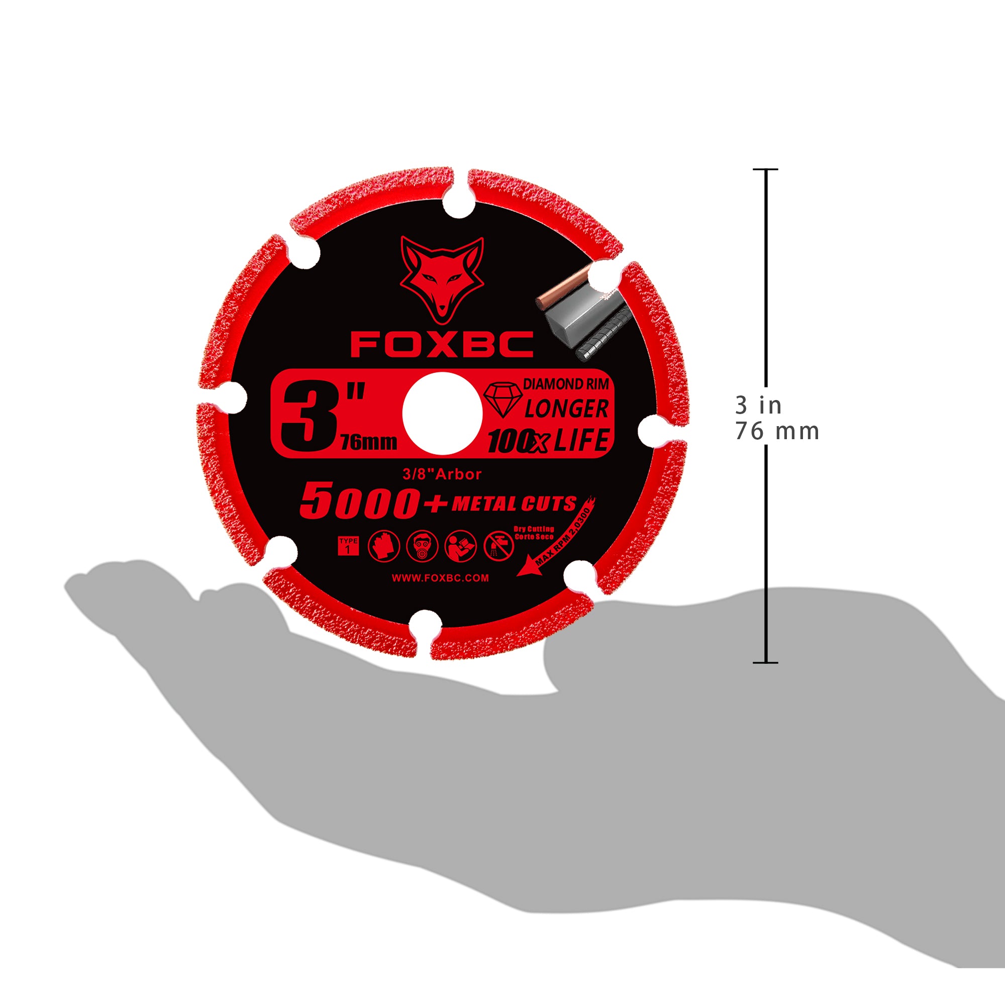 FOXBC 3 Inch Diamond Cut-off Wheel Metal Cut-Off with 5000+ Cuts on Rebar, Steel, Iron and INOX, 3/8" Arbor