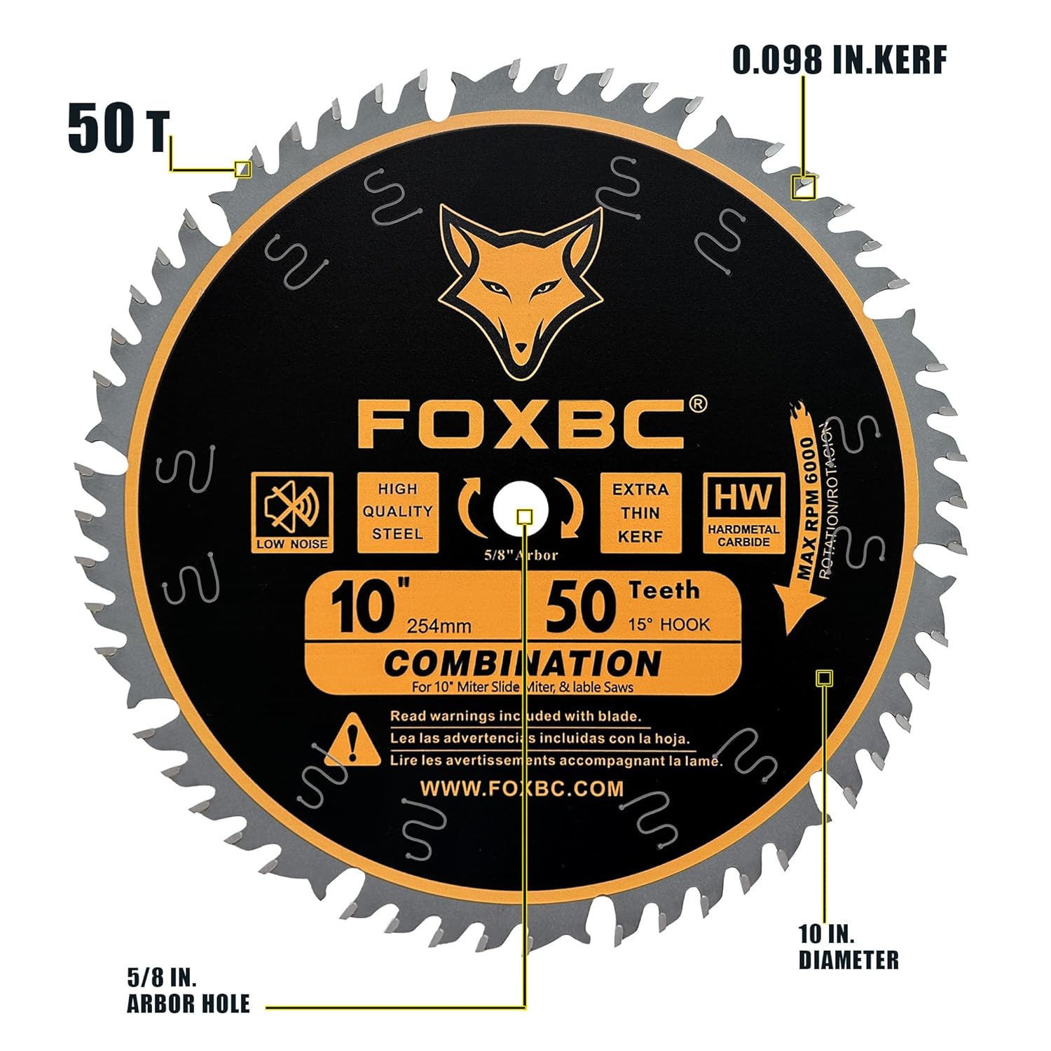 FOXBC 10-Inch Combination Saw Blade, 50-Tooth, Wood Cutting, 5/8-Inch Arbor