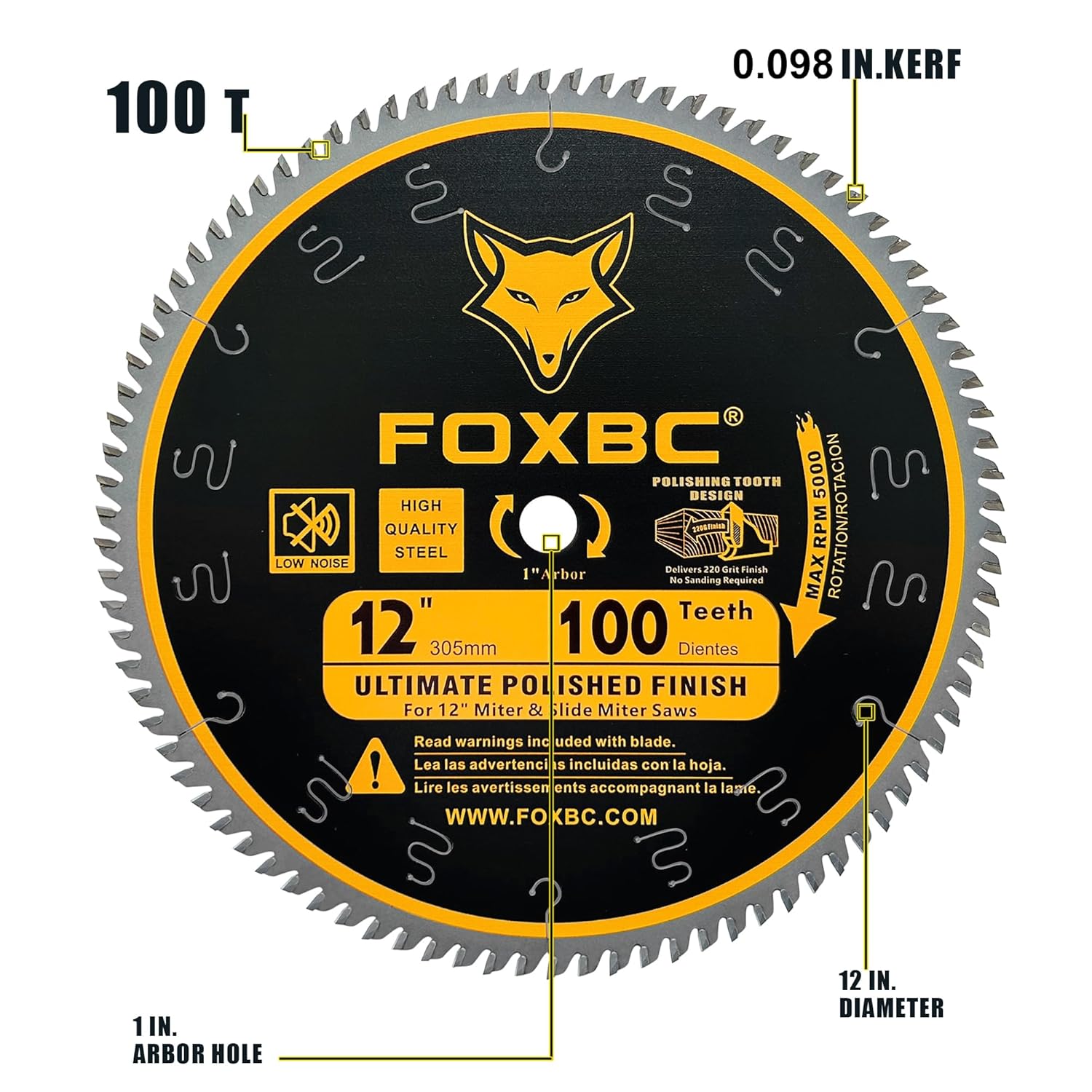 FOXBC 12 Inch Saw Blade 100 Teeth Ultimate Polished Finish Saw Blade for Wood with 1 Inch Arbor