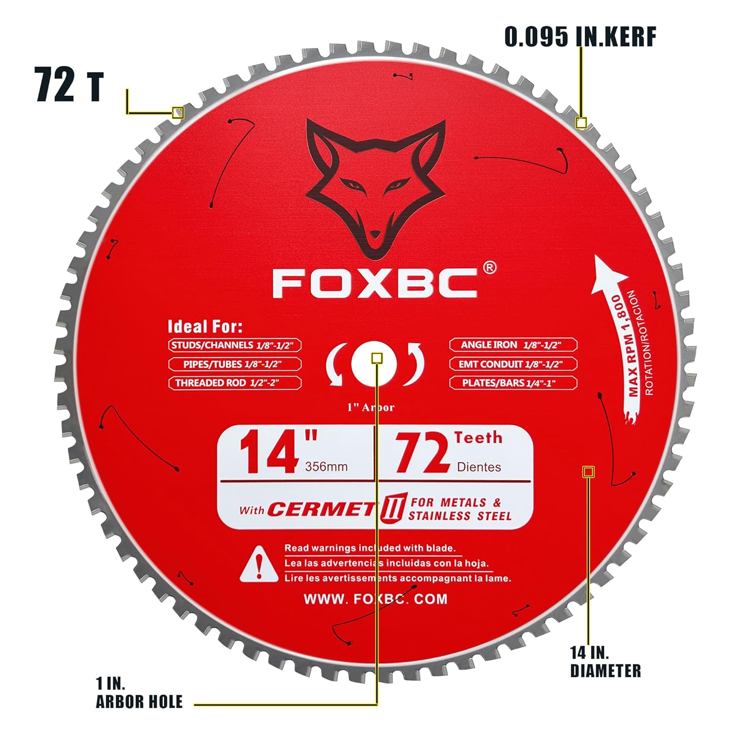 FOXBC 14 Inch Metal Steel Cutting Saw Blade 72 Tooth for Evolution 14 Inch Saw and Other, Cermel Carbide Up to 5X Longer Life